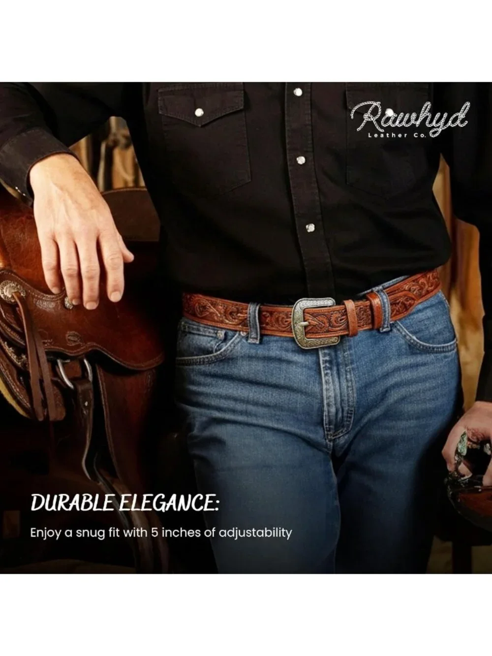 Full-Grain Men's Western Belt - Durable Tooled Leather, Versatile Buckle-Free